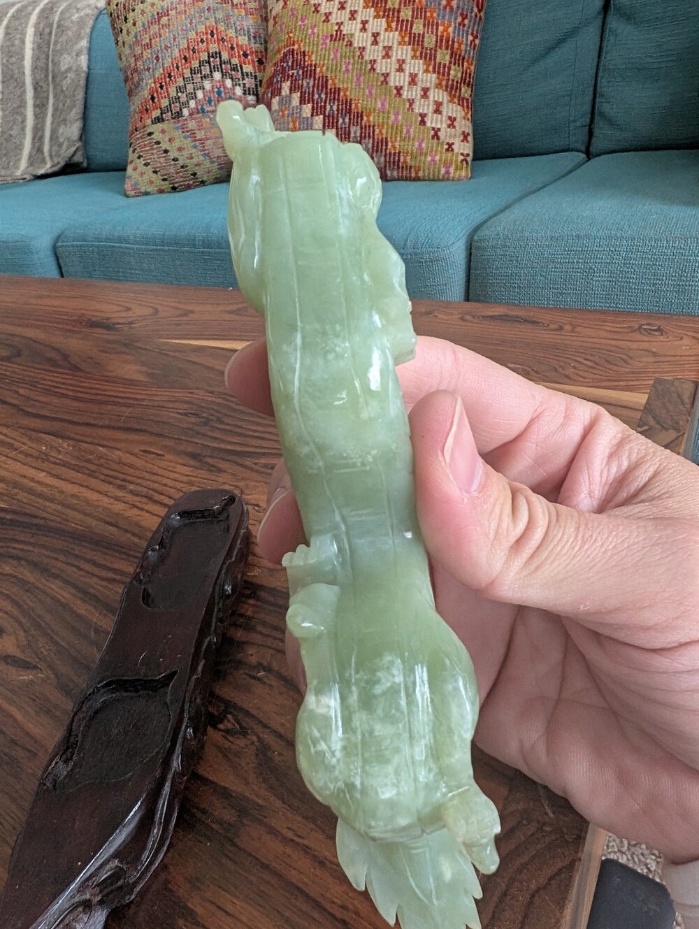 Carved Green Serpentine Jade Dragon Figurine Statue with Wooden Base - Picture 11 of 16